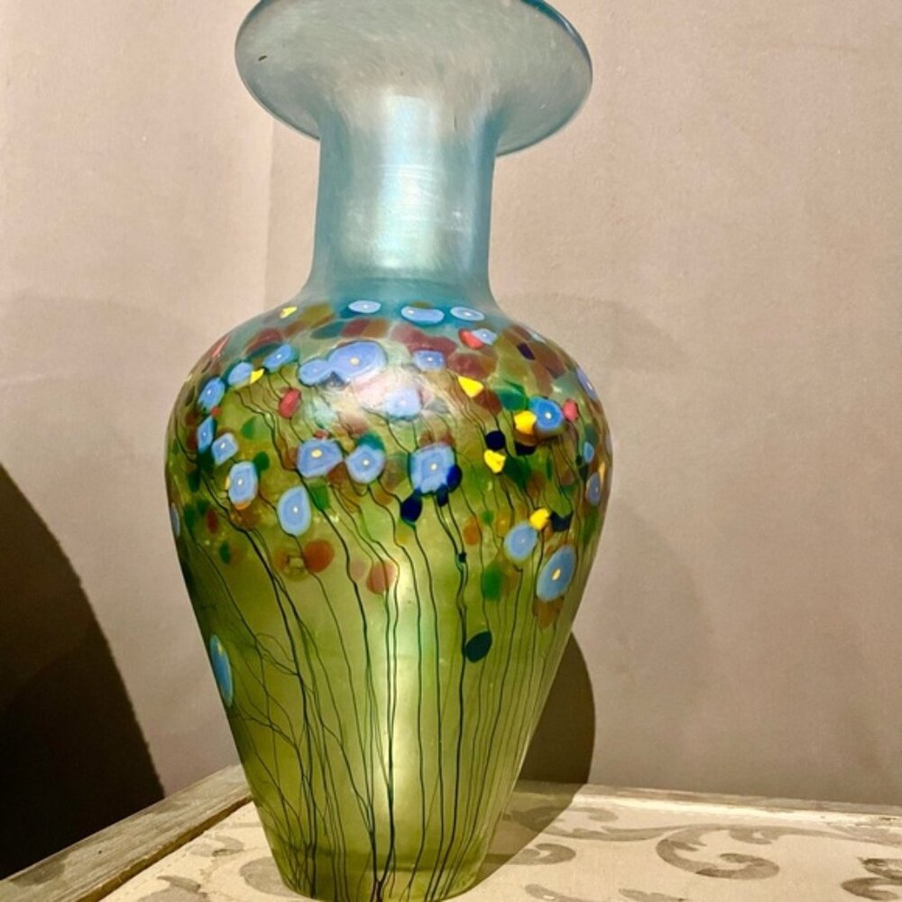 Robert held art glass vase hand blown 10.5” Canada